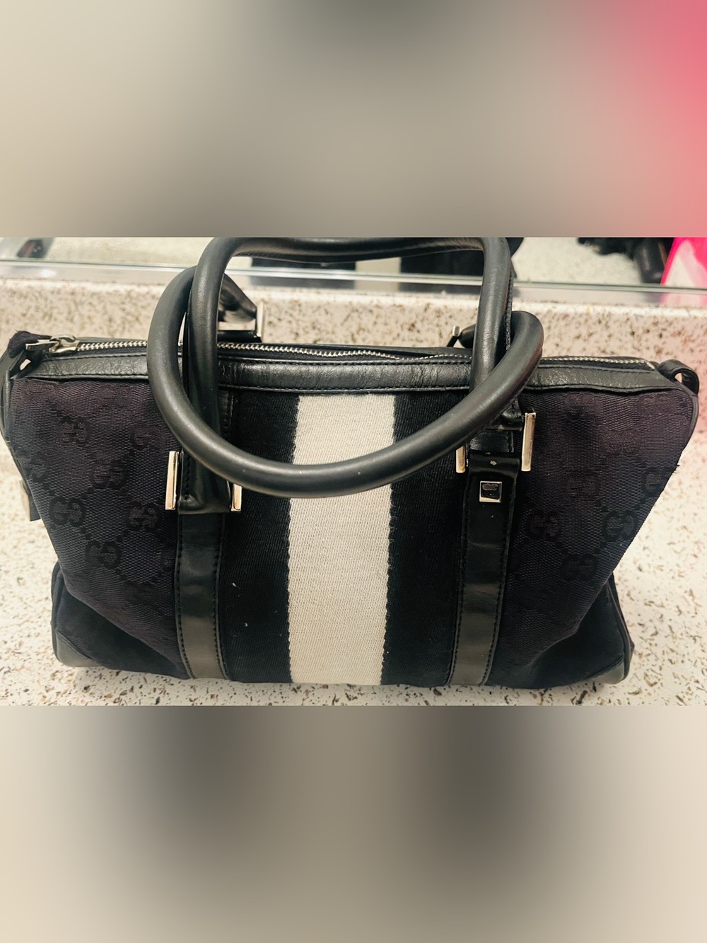 Gucci Black Canvas Satchel with White Center Stripe